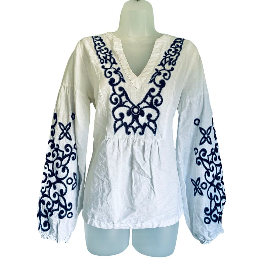 Lascana Women's Embroidered Linen Peasant Blouse Size 4 Blue Cottagecore Boho